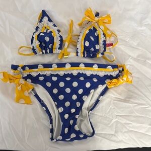 Betsey Johnson Blue and White Polka Dot Bikini with Yellow Accents. Size Medium